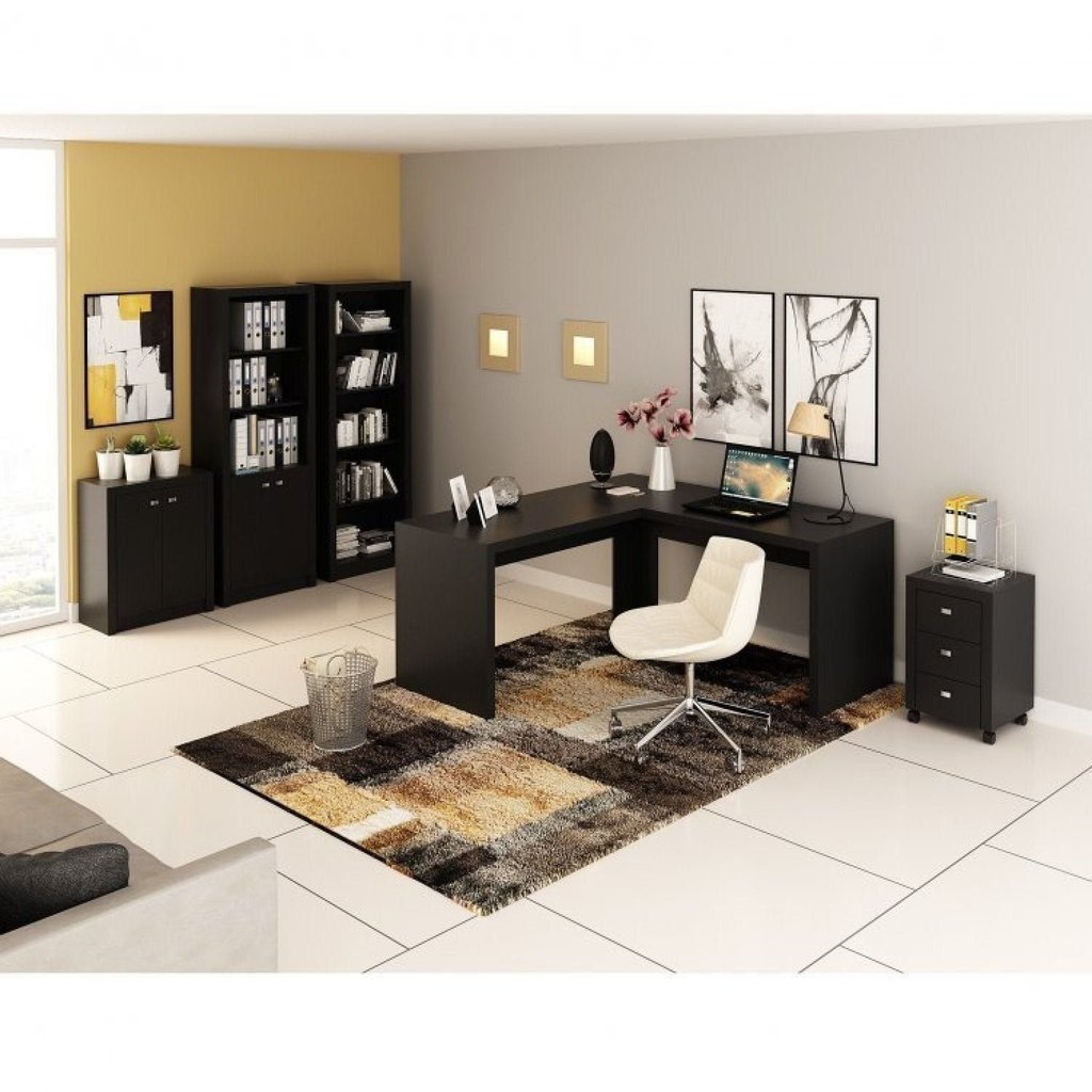 Conjunto 5 Peças com Mesa em L, Armário Alto, Gaveteiro, Estante e Baixo Espresso Móveis Preto Preto