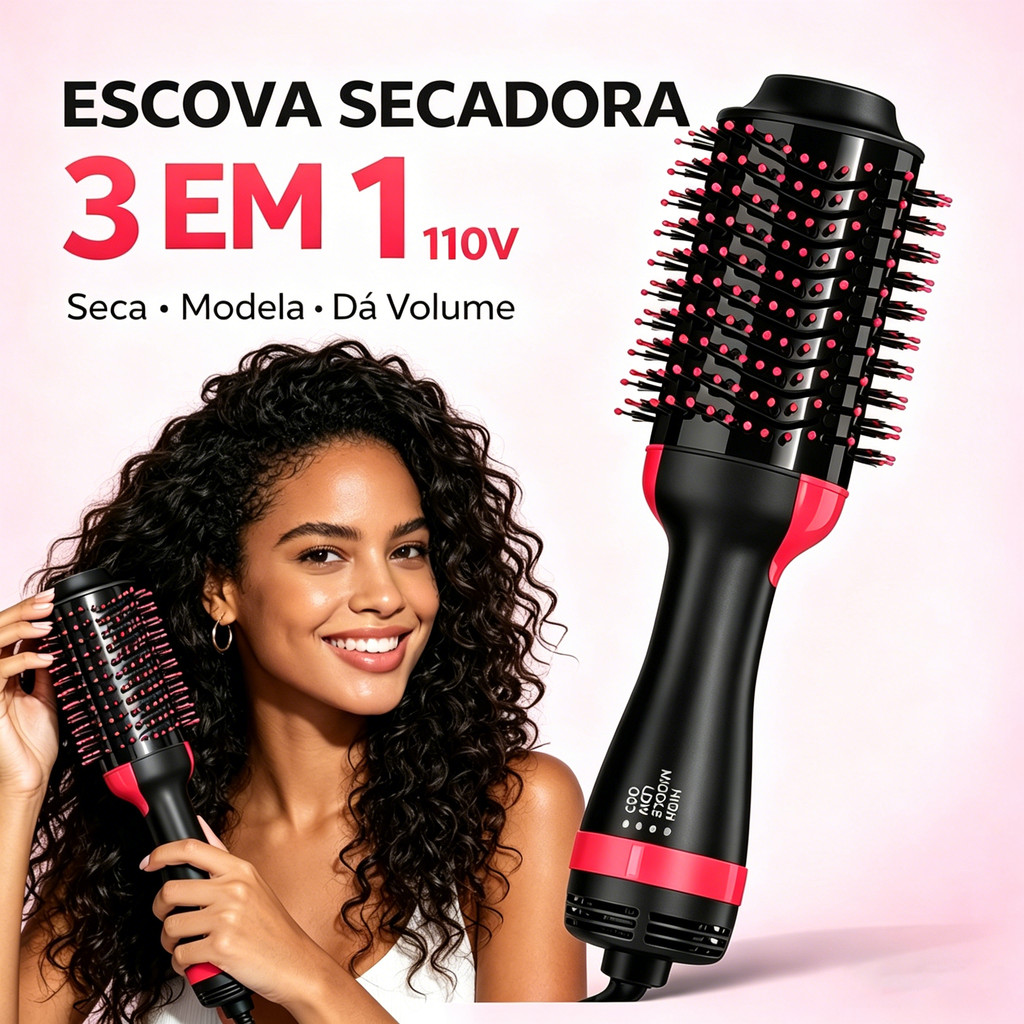Secador de Cabelo 3 em 1 Escova Secadora Alisador com Íons Negativos e 3 Níveis de Calor 110V