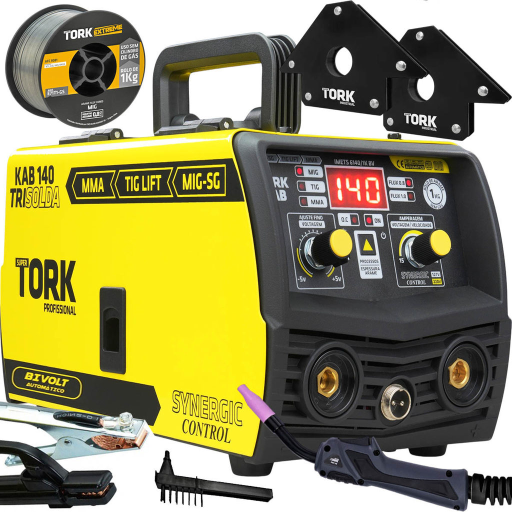 Maquina Inversor de Solda 3x1 Mig Sem Gás Tig e MMA 140A Bivolt com Arame Esquadro 30Kg Tork