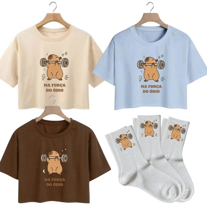 Kit 3 Cropped Feminino 3 Meias Estampadas Capivara Algodão Academia Confortáveis