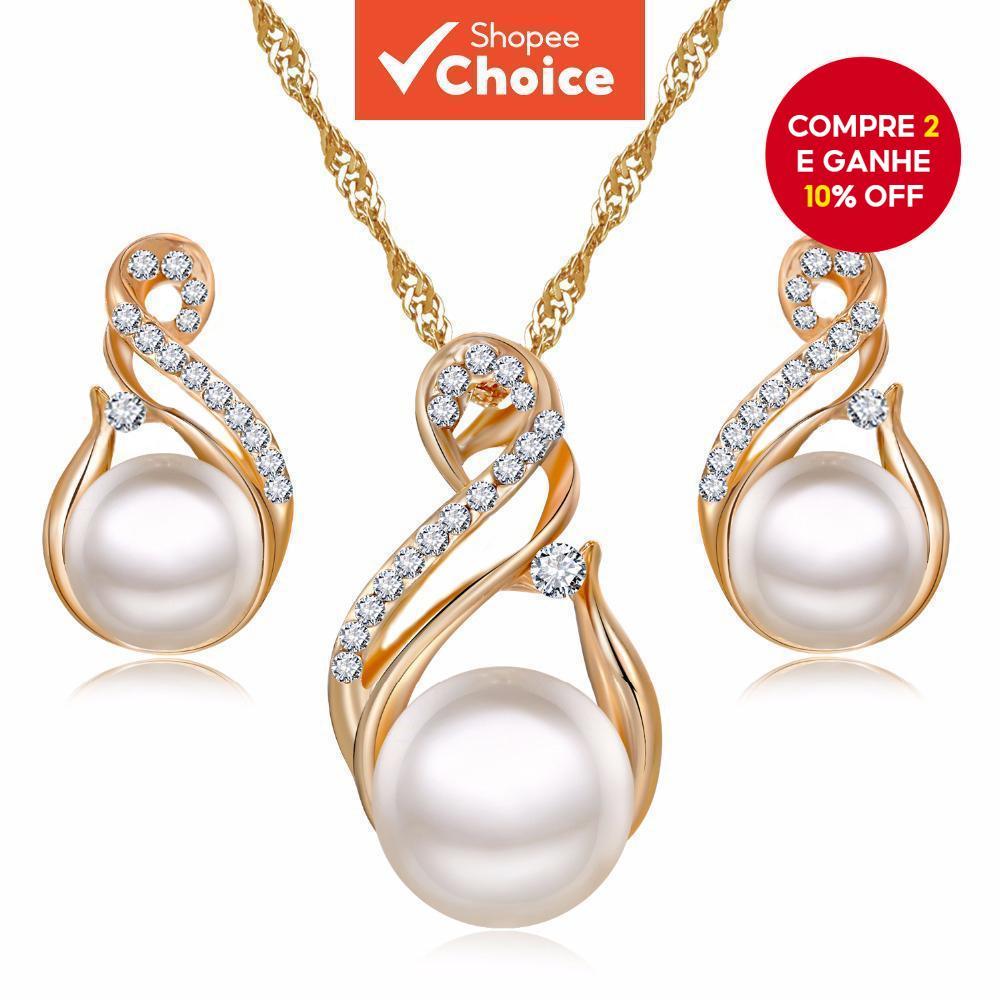 Conjunto de Colar e Brincos de Pérola e Diamante em Infinito Geométrico Europeu e Americano - Joias para Noiva. em Oferta na Shopee