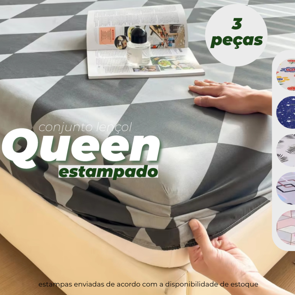 Lençol Queen Antialérgico 3 Peças com Elástico 1,98m x 1,58m x 30cm Estampas Sortidas