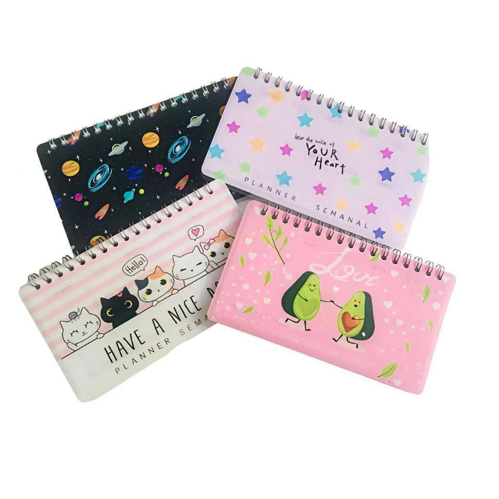 Planner Semanal Mini com Espiral e Capa Plástica – 64 Folhas, Kawaii e Permanente