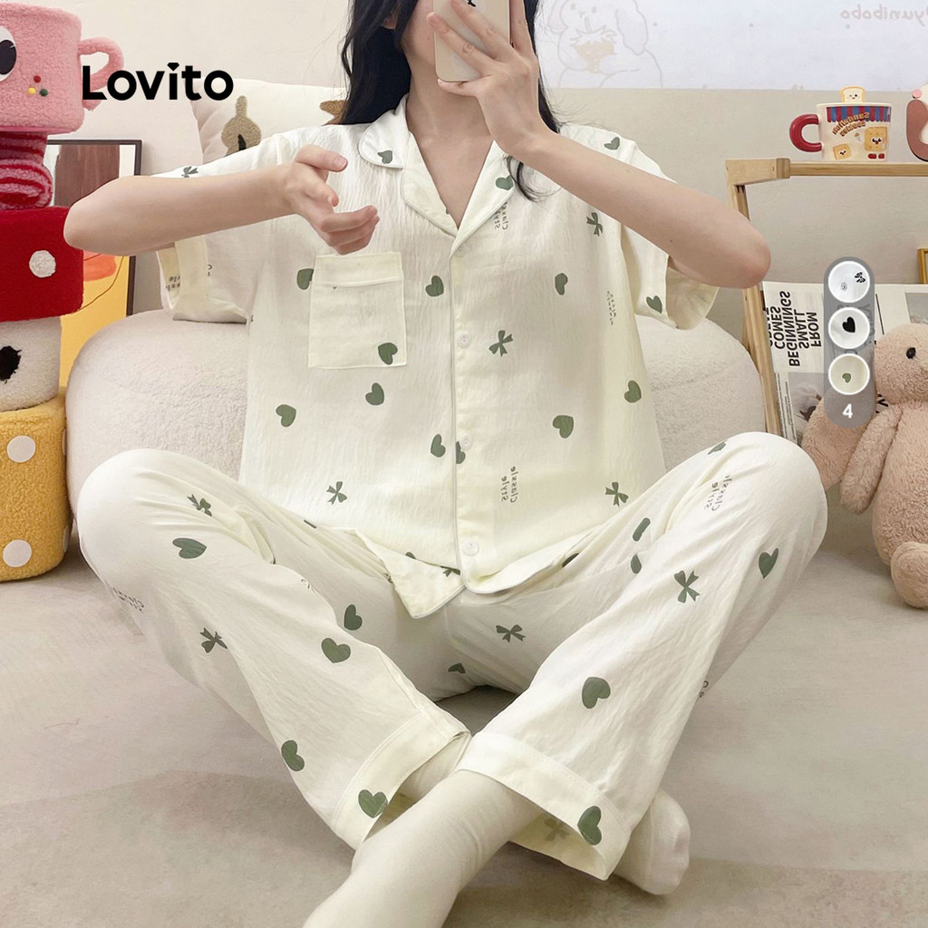 Lovito Conjunto de Pijama Casual 2 Peças Solto Algodão Fresco Roupas Casuais para Mulheres LNE126021 em Oferta na Shopee