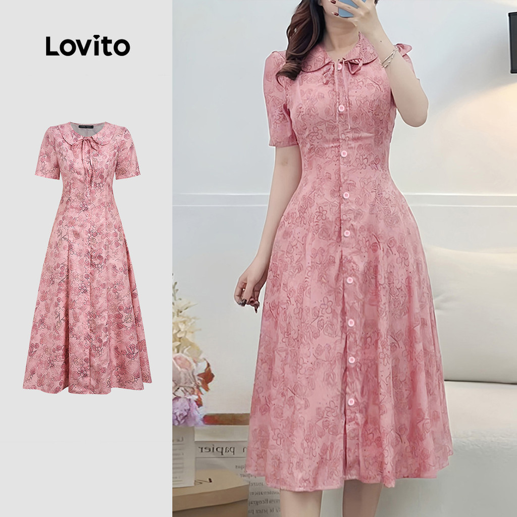 Lovito Vestido Casual Gravata Frontal Flores Primavera/verão Vestido Rosa para Mulheres L165ED1520 em Oferta na Shopee