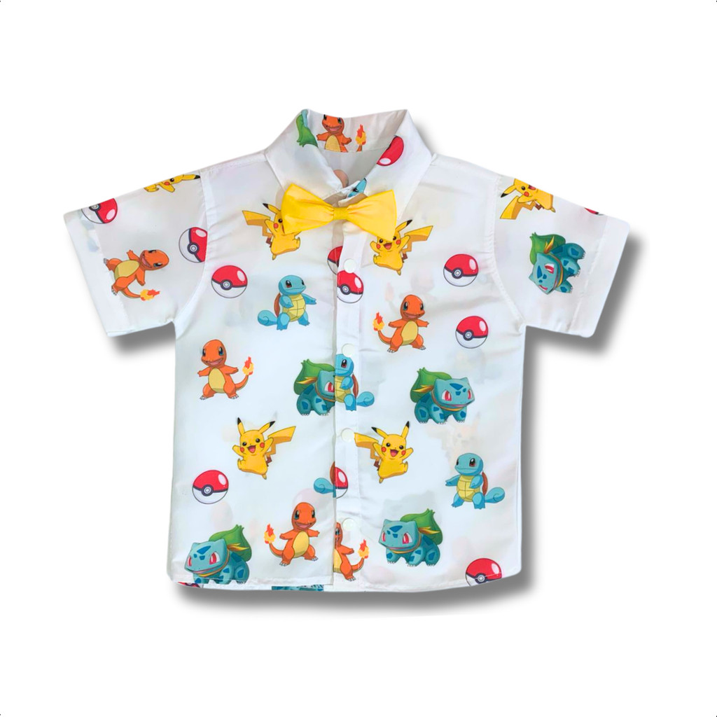 Camisa Infantil Temática Pokémon Picachu Gravata Brinde