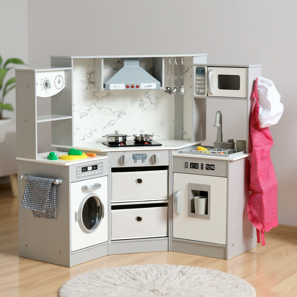 Imagem Kit Mini Cozinha Infantil Grande Completa Madeira MDF para Criança de 2 a 6 anos com fogao geladeira