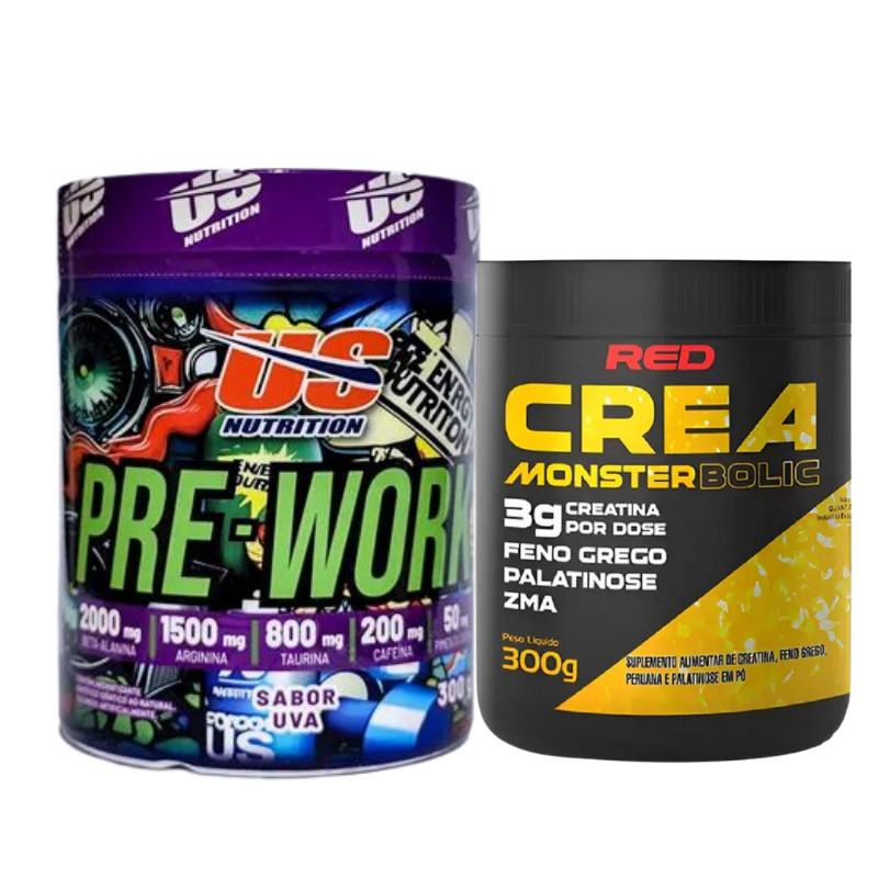 Pré Treino Us Nutrition 300g + Crea Monster Bolic Creatina 300g - Vermelho Series