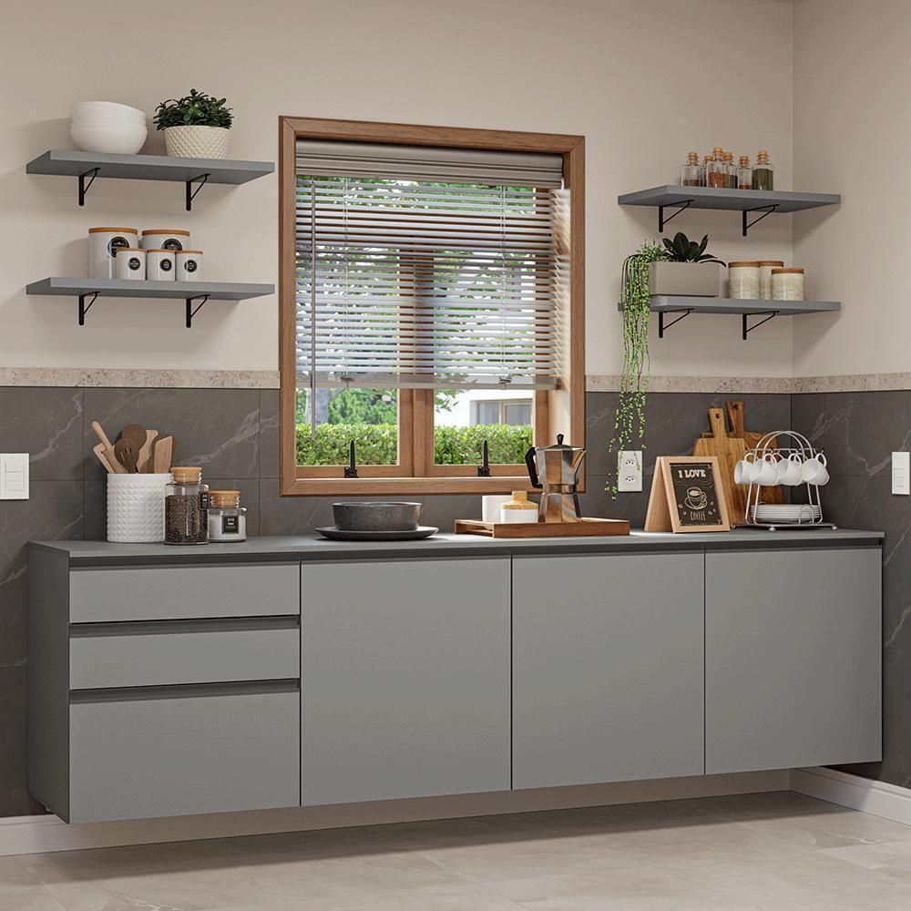 Armário De Cozinha Completa 240cm Suspensa Cinza Nice Madesa 10 Cinza