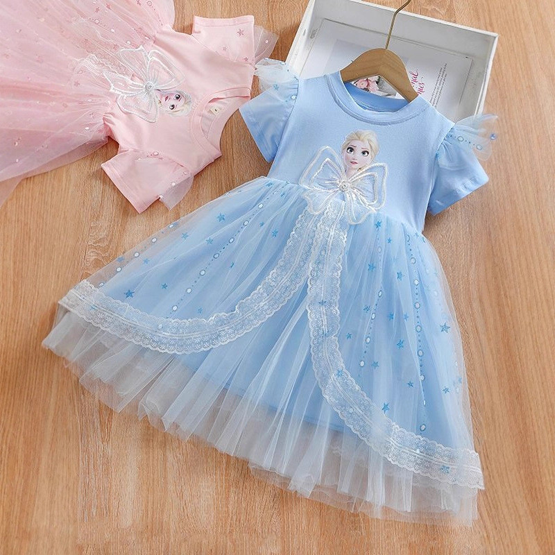 2025 verão novo estilo vestido bebê menina de manga curta saia de gaze fofa saia elsa moda menina elsa princesa saia