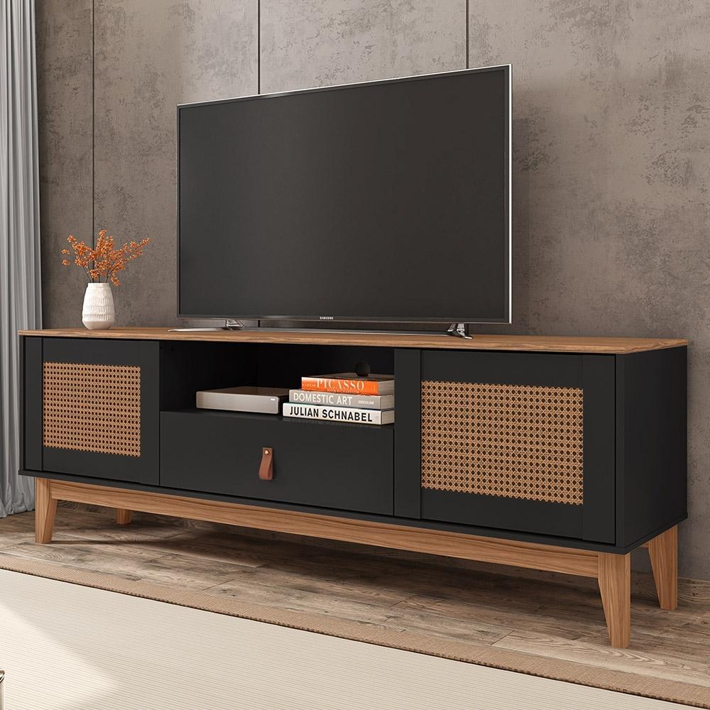 Rack Bancada Tv 60 Pol 160cm Pé Madeira Dalva Preto/Cedro C14 - Mpozenato