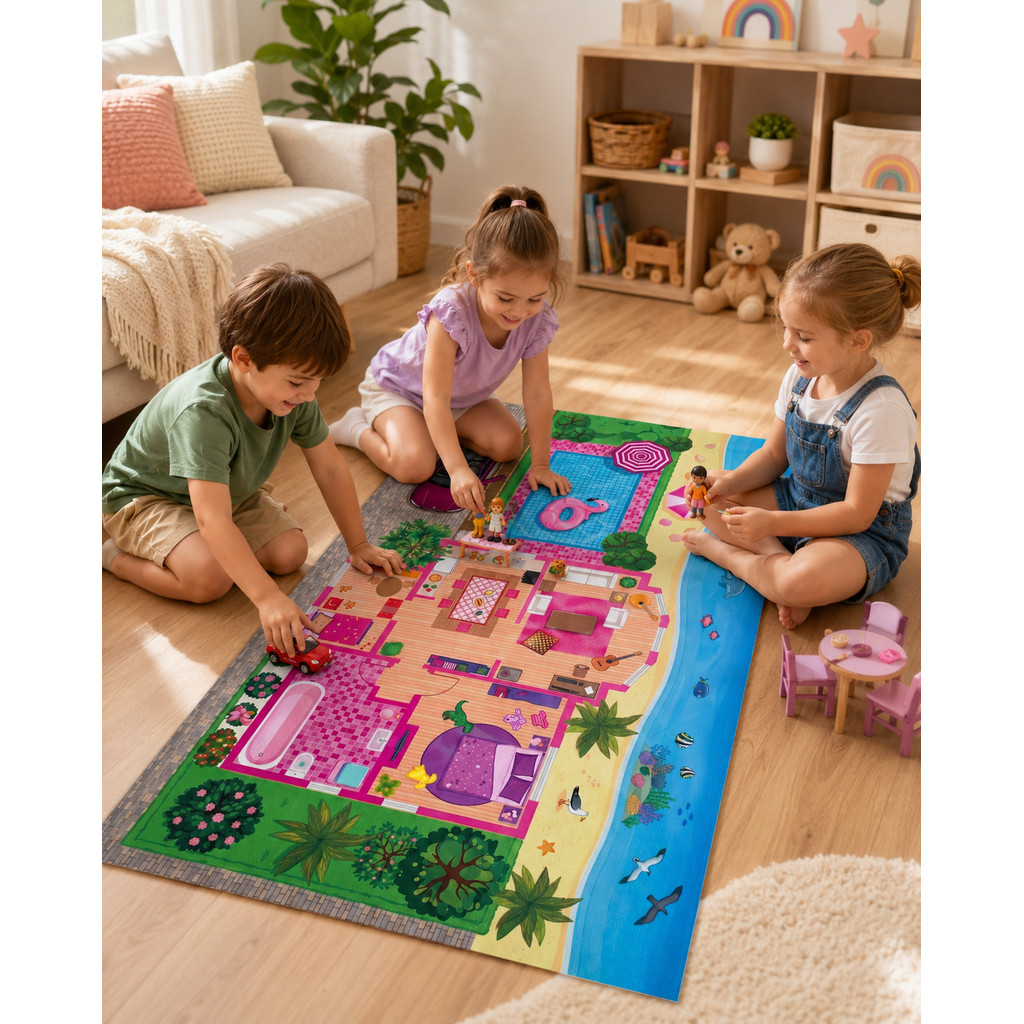 Tapete Infantil Lona Casinha Praia 100x60cm Brincar Crianças Interativo
