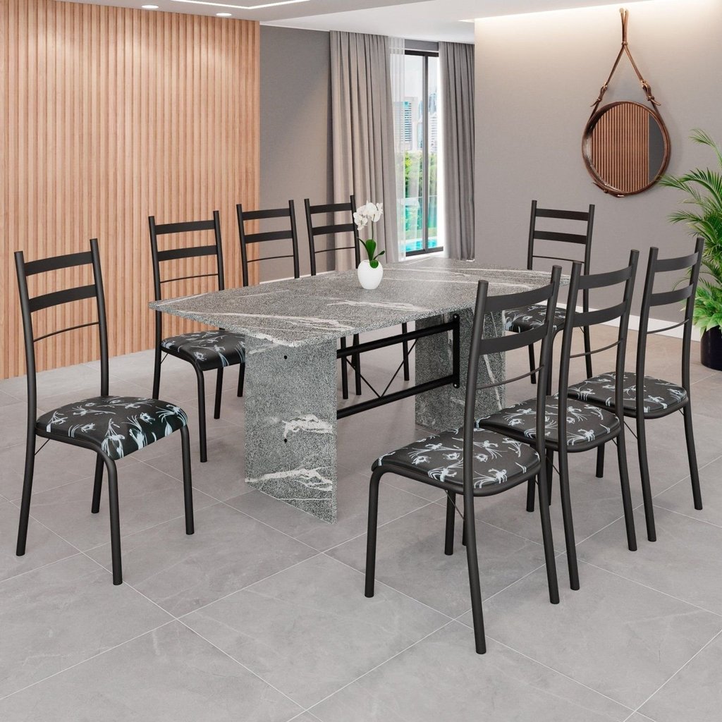 Conjunto Sala de Jantar Mesa Retangular 180x75cm Tampo Granito Topázio 8 Cadeiras Marselha Preto Floral/Preto