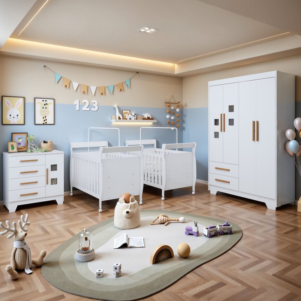 Quarto de Bebê Completo Gêmeos com Guarda-Roupa, 2 Berços e Cômoda Gael Branco Branco