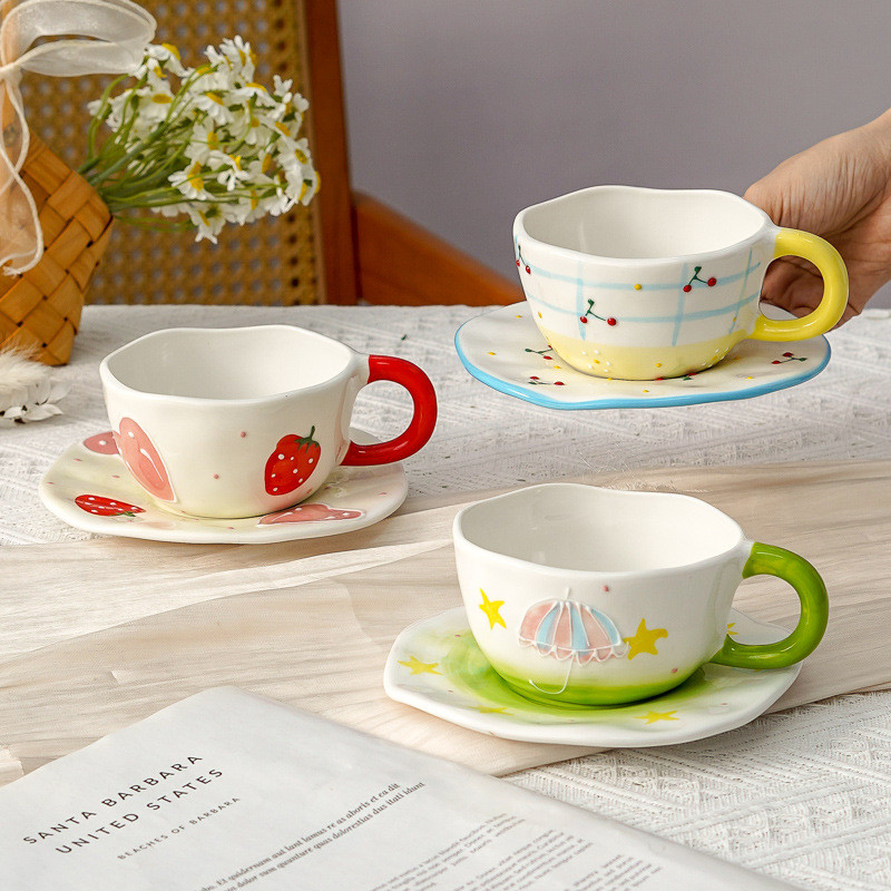 Pires de xícara de café de alto valor para meninas estilo Pastoral conjunto de caneca de leite de café da manhã cerâmica