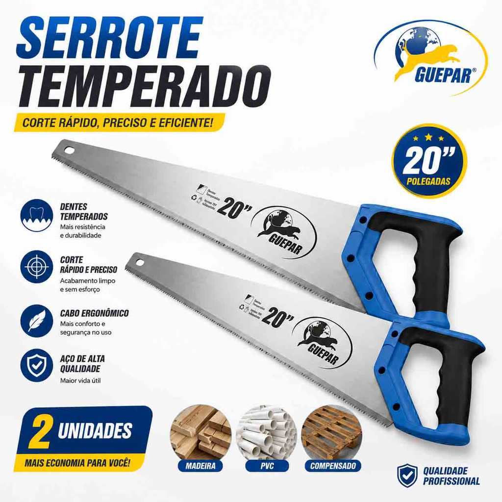 2 Serrote Temperado 20 Pol Cabo Anatômico Emborrachado Para Marcenaria Profissional