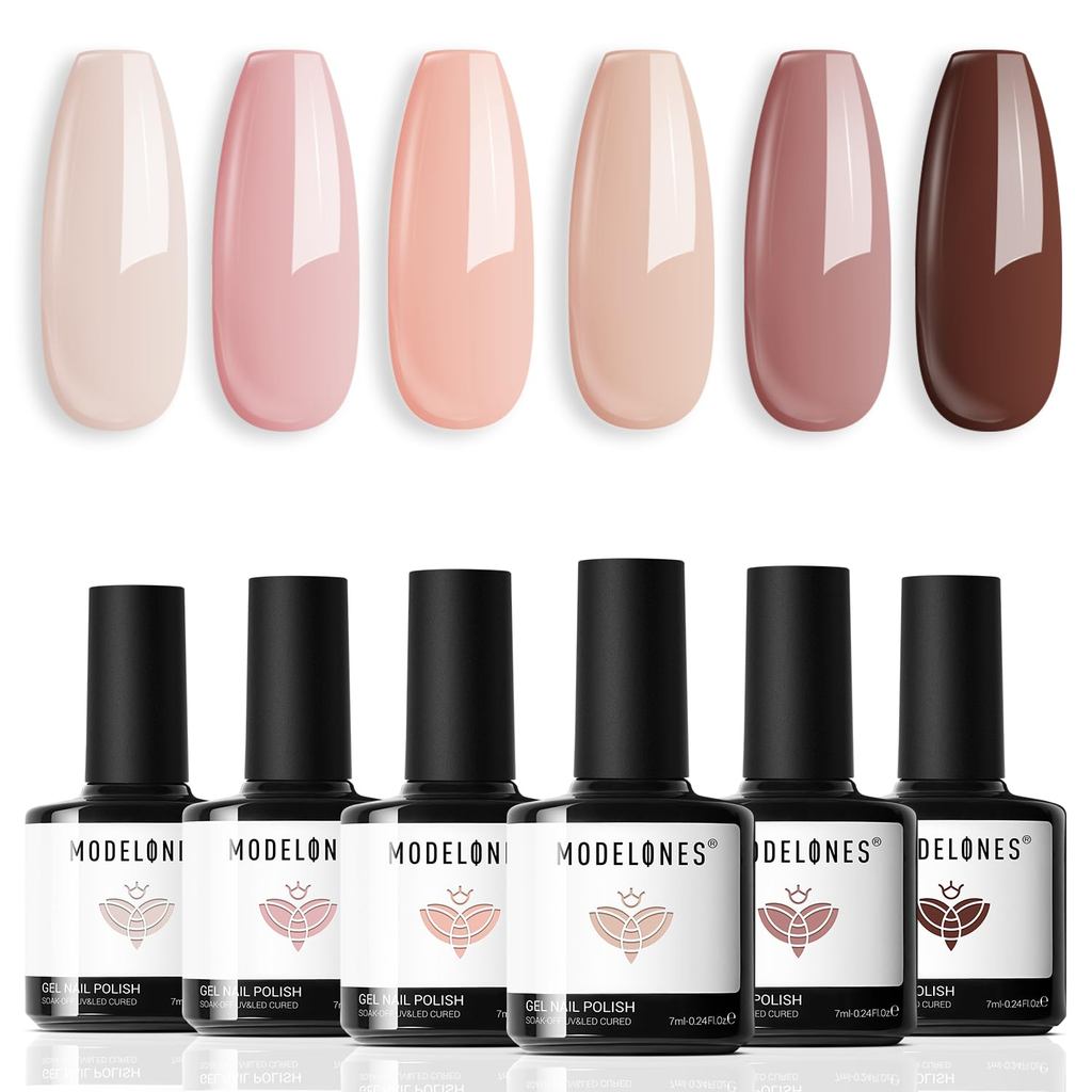 Kit de Esmalte em Gel modelones - 6 Cores Nude, Rosa e Branco, Conjunto de Esmaltes em Gel para Primavera, Tons de Pele,