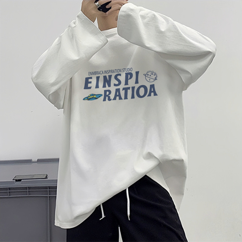 Moda puro algodão de manga comprida camiseta masculina primavera outono americano Retro Street Wear em torno do pescoço 