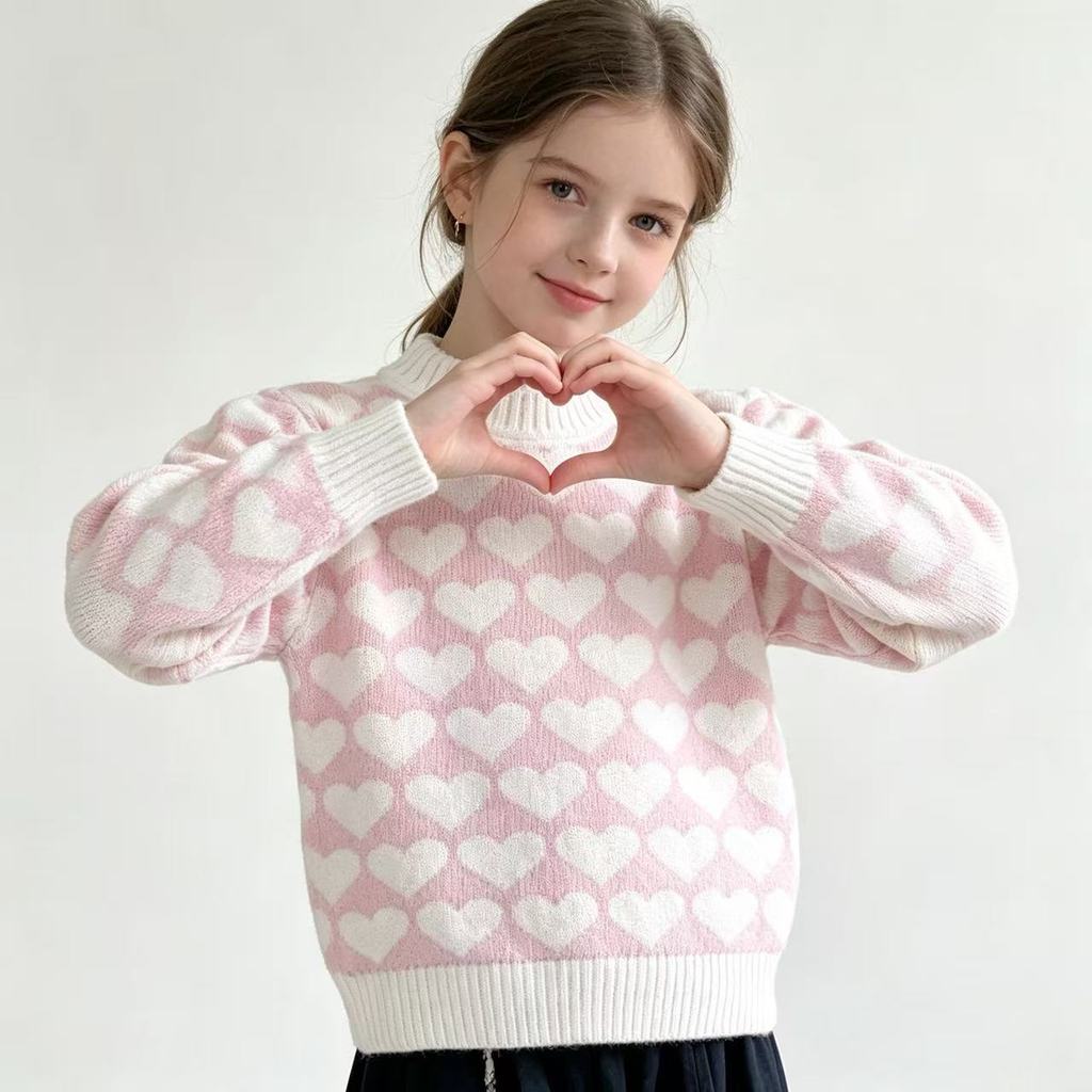 Nova blusa de tricô infantil para meninas, design em forma de coração, aquecedora