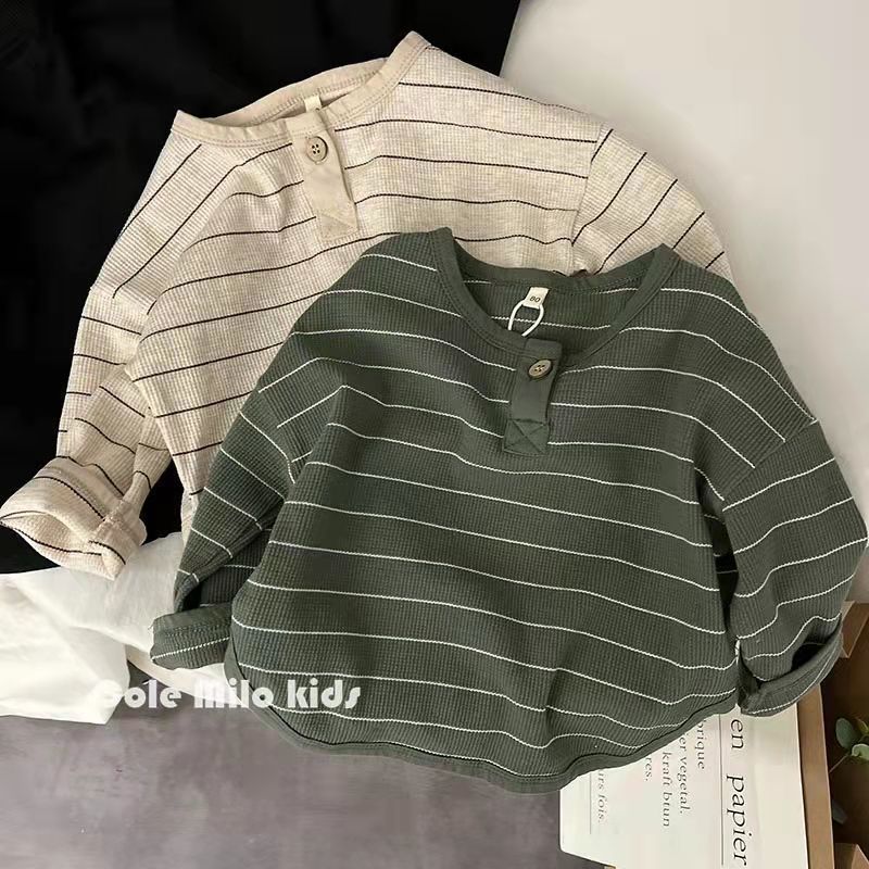 Mori estilo Retro tom ~ coreano crianças valsa pele verificação listrado manga comprida camiseta Unisex meninos meninas 