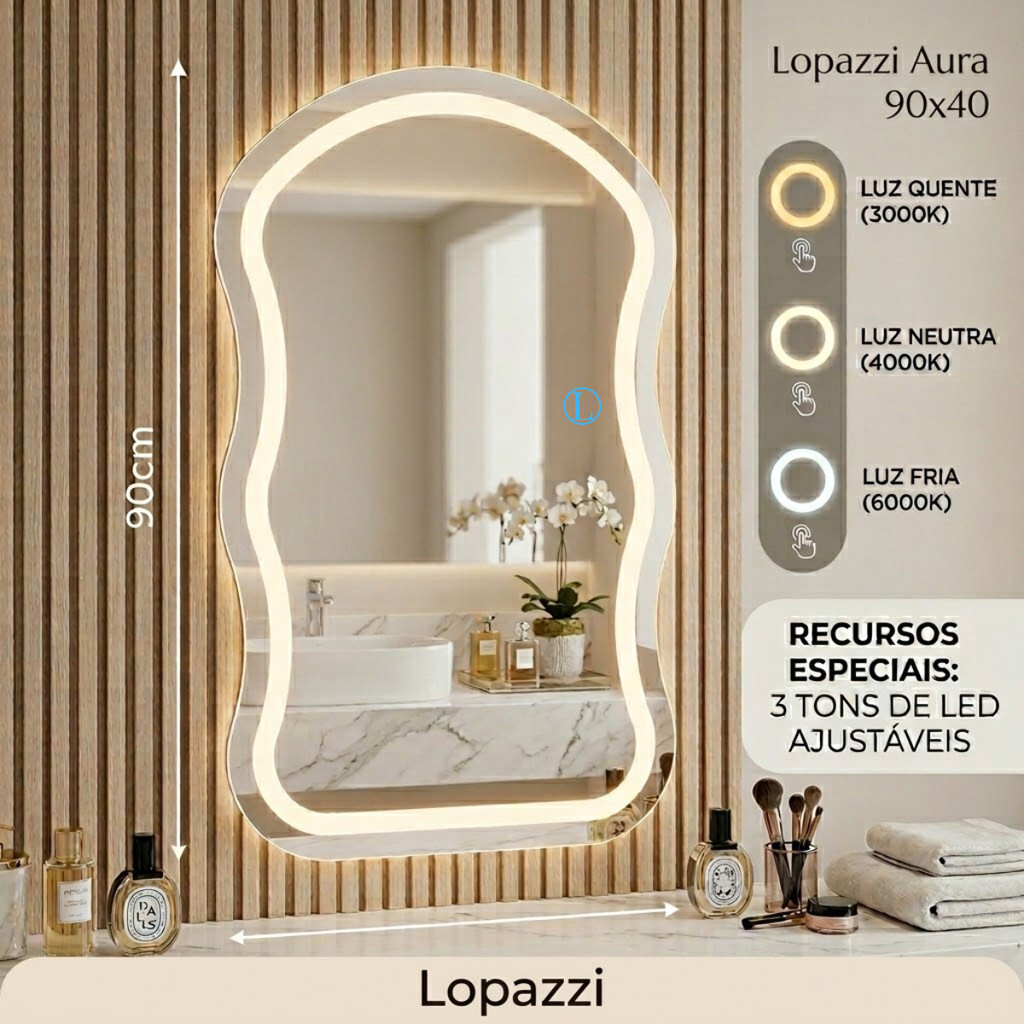 Espelho Lopazzi Orgânico 90x60 com LED para Lavabo,Penteadeira,Mesa de Maquiagem,Quarto,Banheiro e Closet