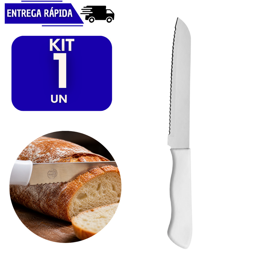Faca de Pão 6” Aço Inox Serrilhada Cortar Pães Bolo Cozinha Cabo Plástico Casa Cozinha Corte Manteiga Café Manhã