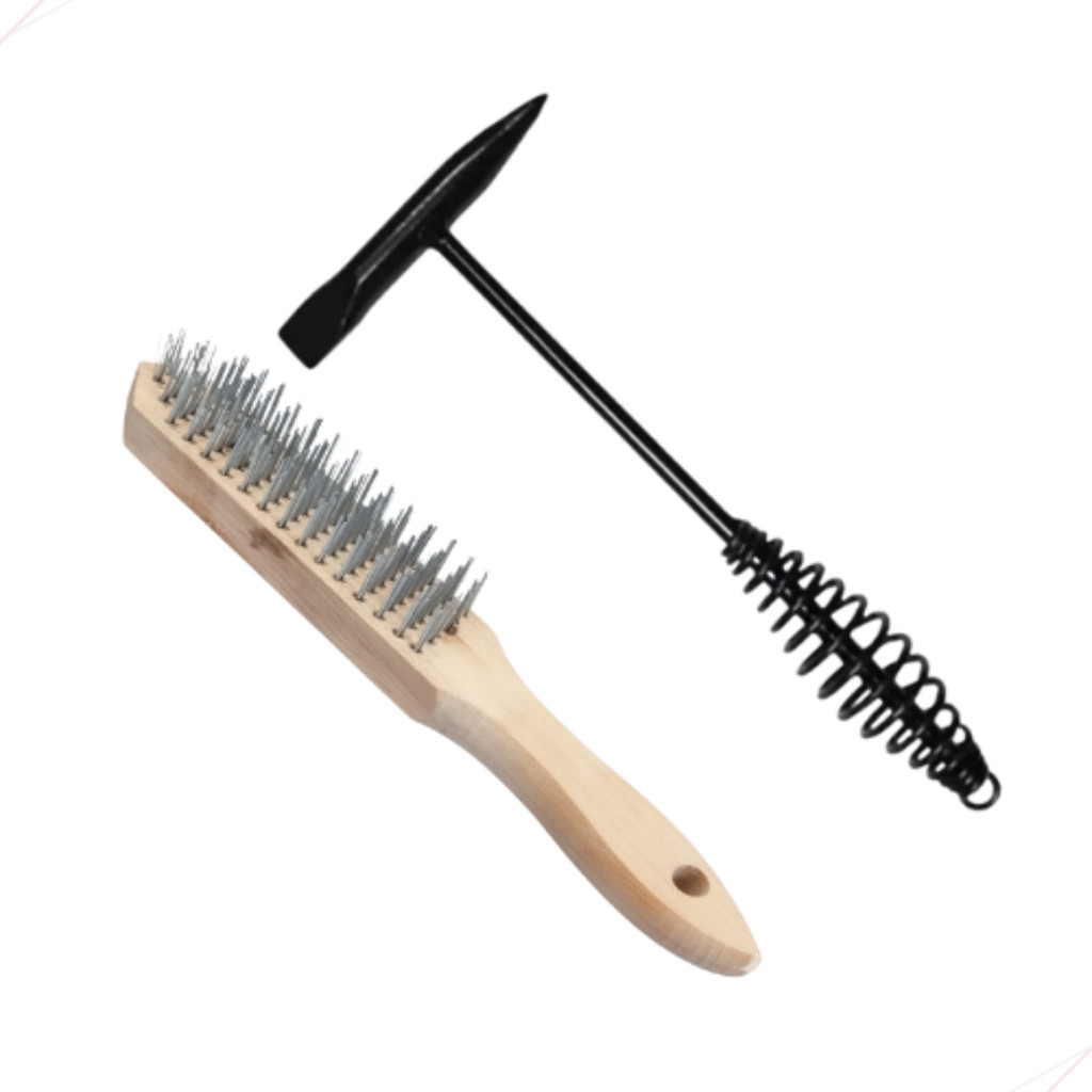 Kit Martelo Picadeira de Solda Mola e Escova de Aço Carbono Manual Cabo Madeira 4 Fileiras