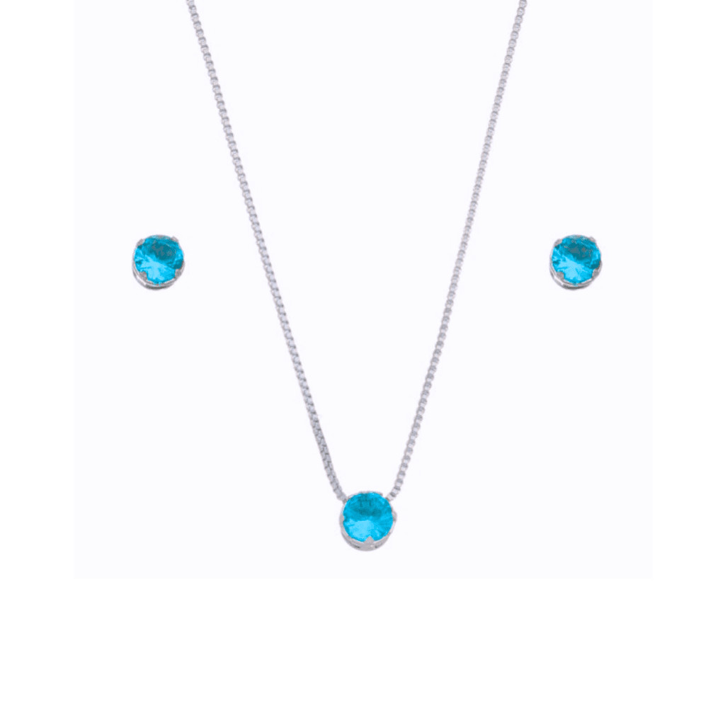 Conjunto Ponto de Luz Folheado a Prata – Pedra Verde Turmalina ou Azul Turquesa
