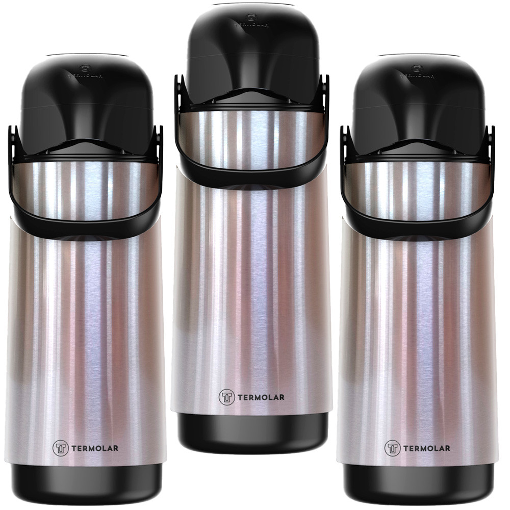 Kit com 3 Garrafas de Café Termolar de 1 Litro Feita em Inox com Bomba de Pressão e 12 Horas