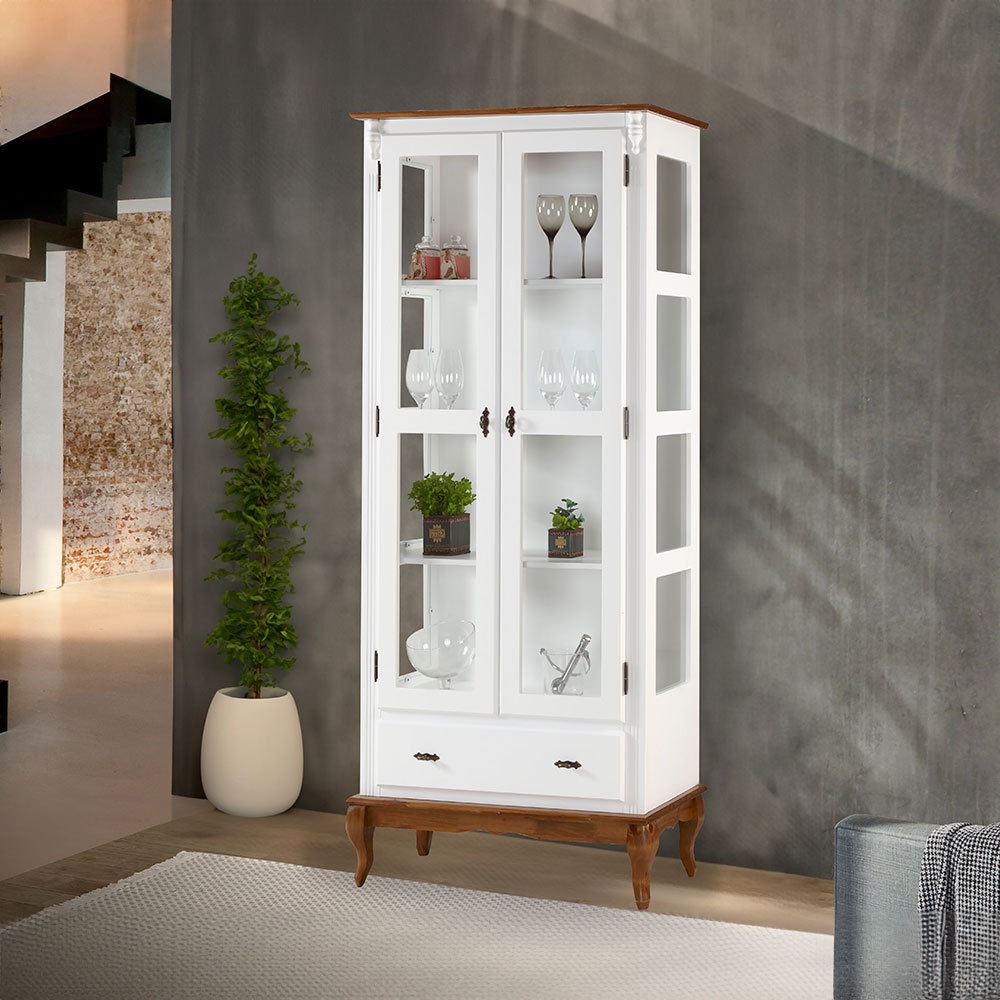 Cristaleira 2 Portas Laterais em Vidros 3 Prateleiras 1 Gaveta 60303 Linz Móveis - Branco/Imbuia