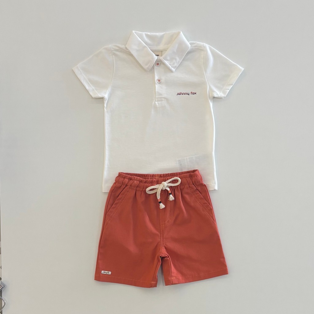 Conjunto Infantil Menino Johnny Fox Camisa Polo Branca e Bermuda Verão Moda Kids 86331