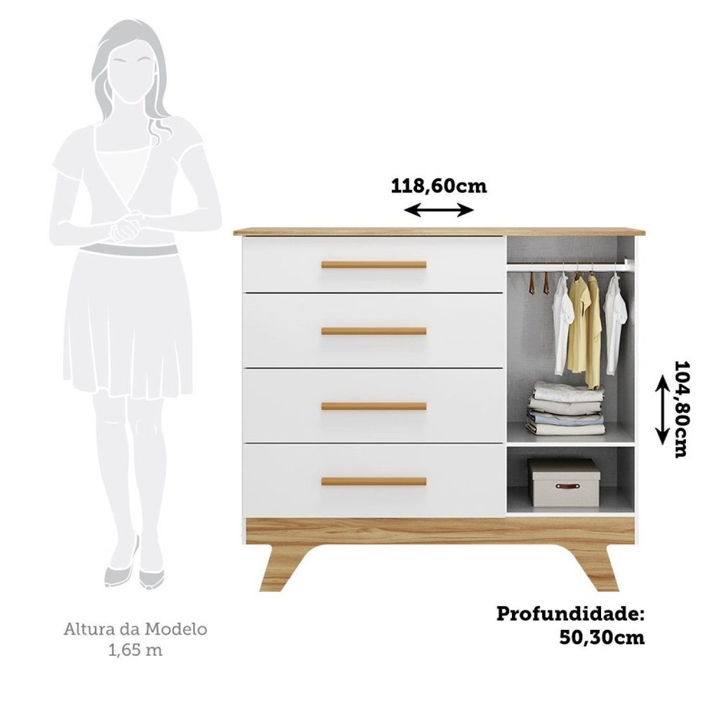 Cômoda Infantil 1 Porta 4 Gavetas 119cm 100% MDF Kakau Retrô Yescasa Branco Brilho/Amêndoa · foto 2
