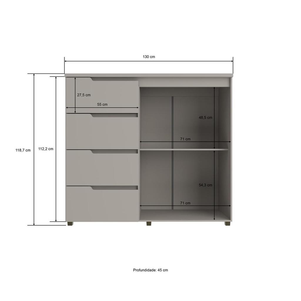Cômoda Quarto para Roupas Grande 4 Gavetas 2 Portas 119x130 Cm Riviera Cinza 100% MDF Casamia — imagem 2 de 2