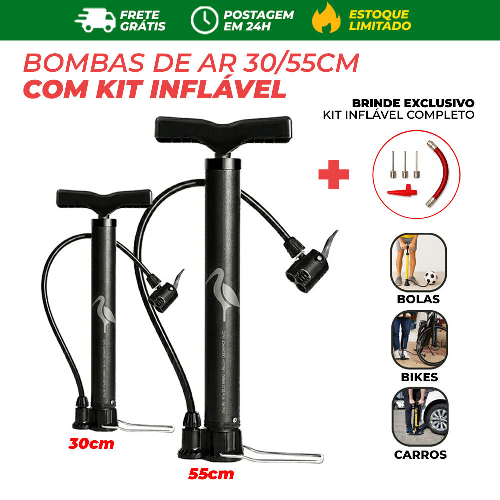 Bomba de Ar FBG Manual 30/55cm com Bicos Adaptadores Pneu Moto Bola Bicicleta Piscina Envio em 24h