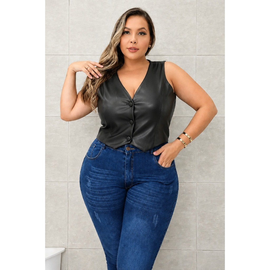 Coletinho Courino Curto Plus Size Feminino Colete Social Com Botões