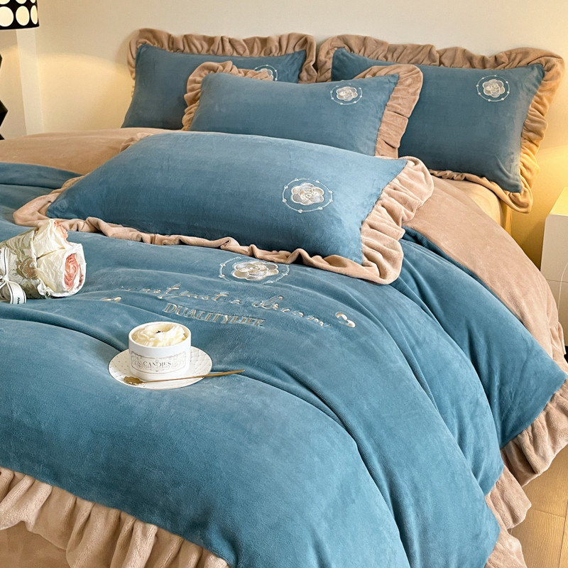Inverno leite velo conjunto de quatro peças cama bordada engrossado flanela quente Coral lençol colcha capa dupla face v