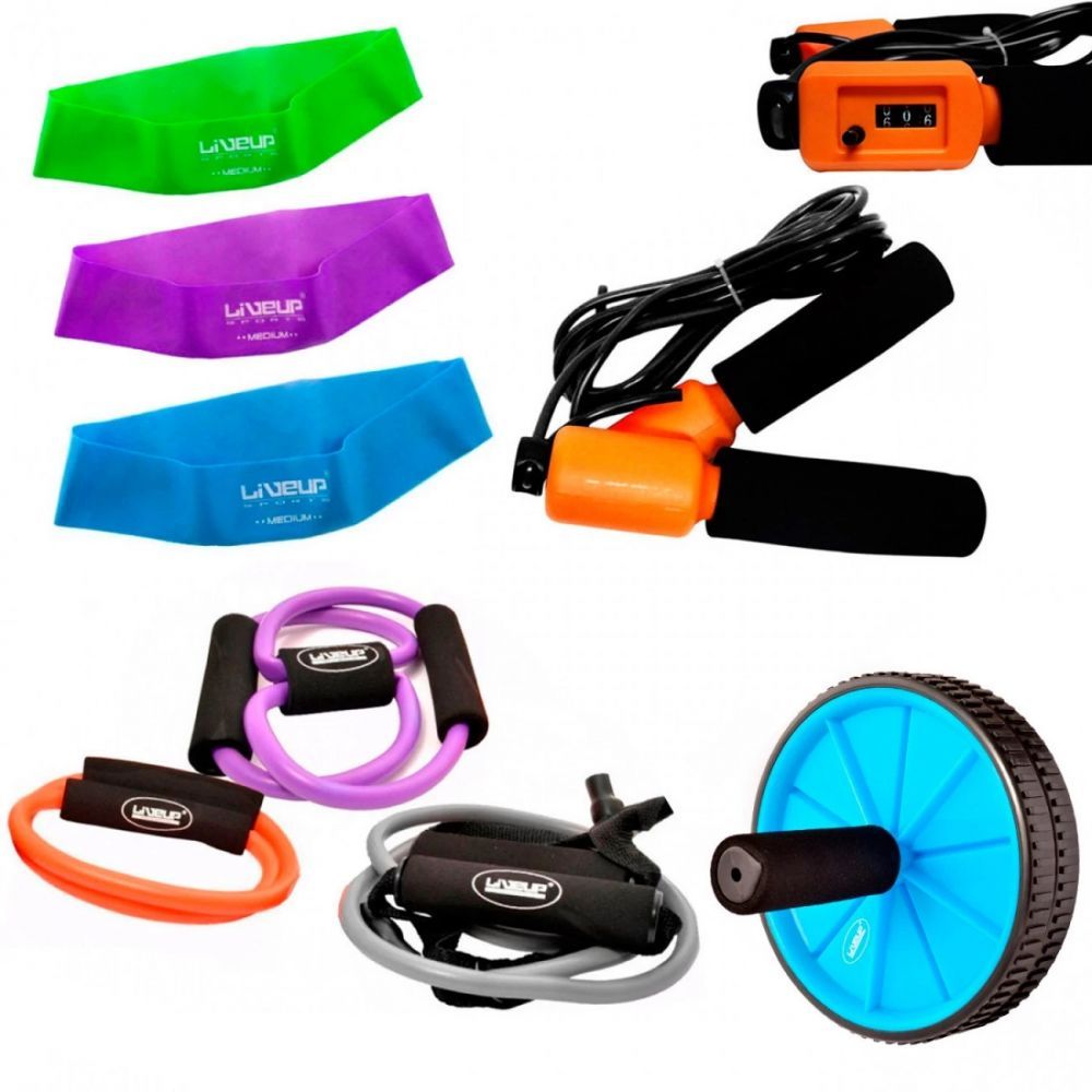 Roda Abdominal + Mini Bands (média, Forte e Super Forte) + Corda de Pular e Extensor Elástico 3 Tensão