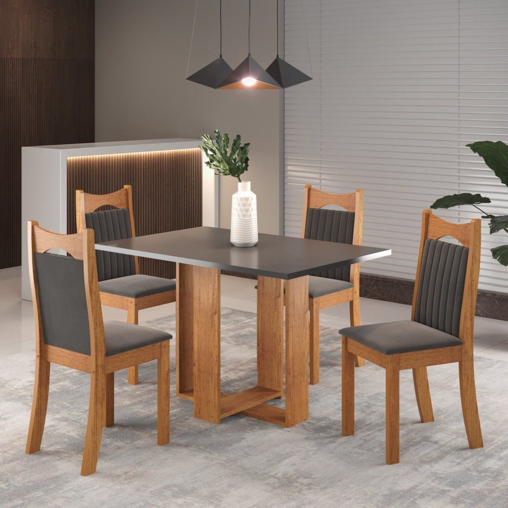 Conjunto de Jantar Mesa Retangular Ananda com 4 Cadeiras Dalas Yescasa Cinza/Mel/Brilho/Grafite Mel/Cinza Brilho/Grafite
