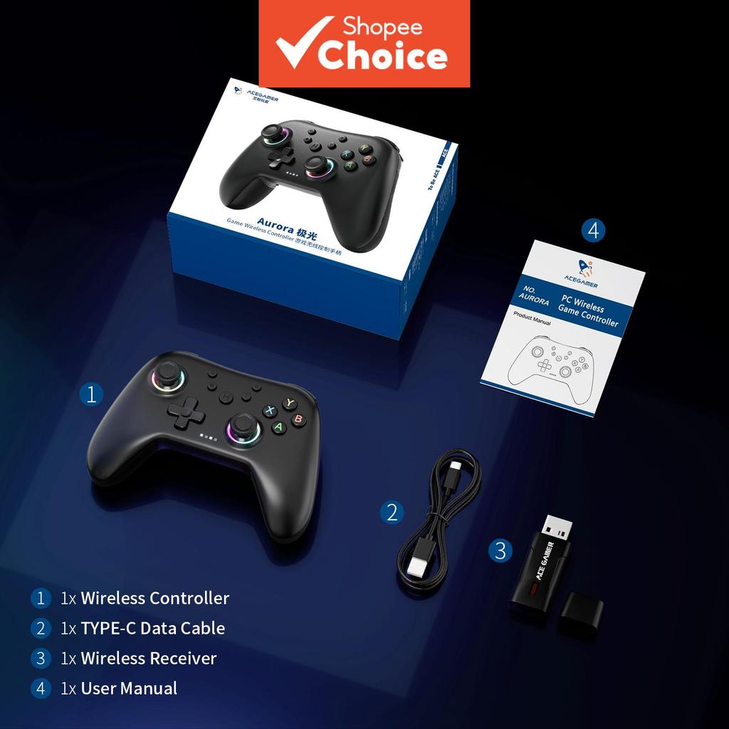Gamepad Sem Fio AceGamer RGB para PC/Steam/Android/iOS | Joystick Hall Effect, 3 Modos de Conexão, Botões Traseiros