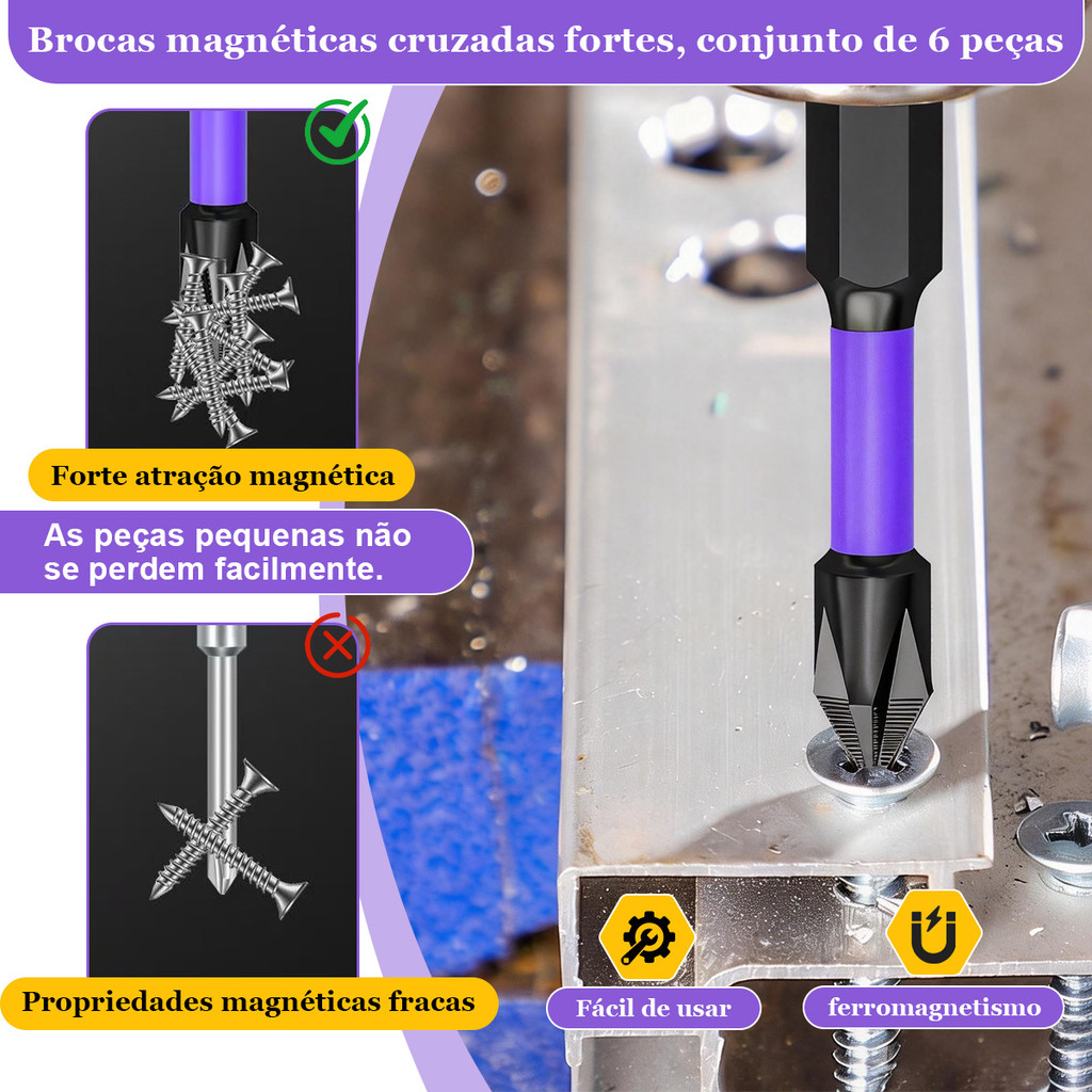 Detalhes do Jogo 6 Pontas de Chave de Fenda Magnéticas 25-150mm – Aço Liga, HRC62, Antiderrapante, Preto Fosfatizado