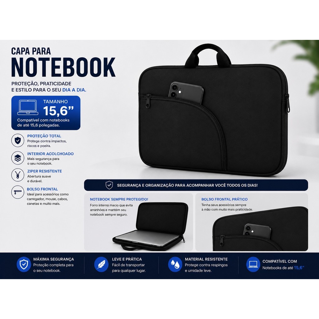 Capas Luva bolsa case  Para Notebook/ Macbook 15,6 Neoprene Preta – Com Bolso e com alça Sem Bolso