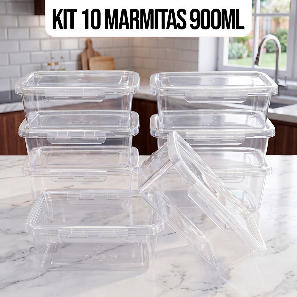 Kit 10 Marmitas Potes 900ml Travas Laterais hermeticas Livres de BPA Alimentos