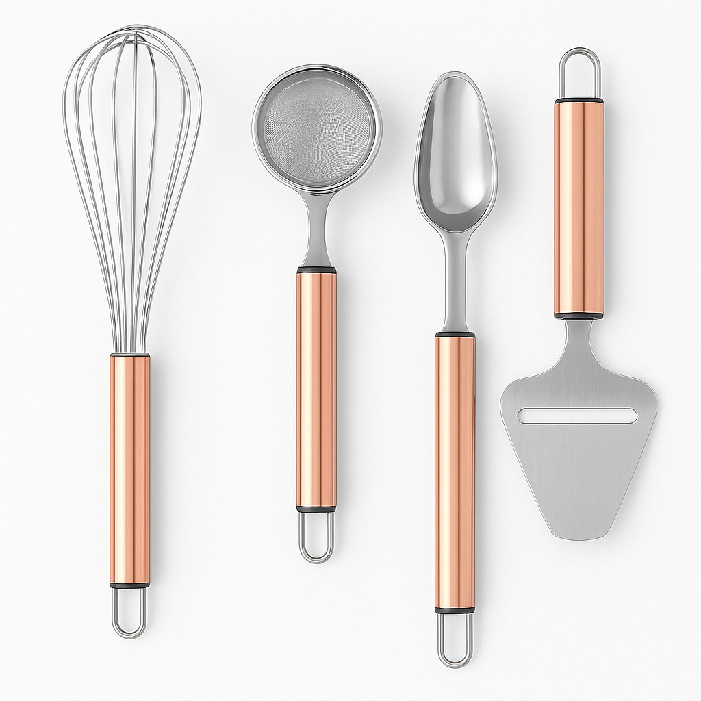 Kit Fouet/Fué Colher Sorvete Peneira e Cortador de queijo Inox Rose Gold – Elegância na Cozinha
