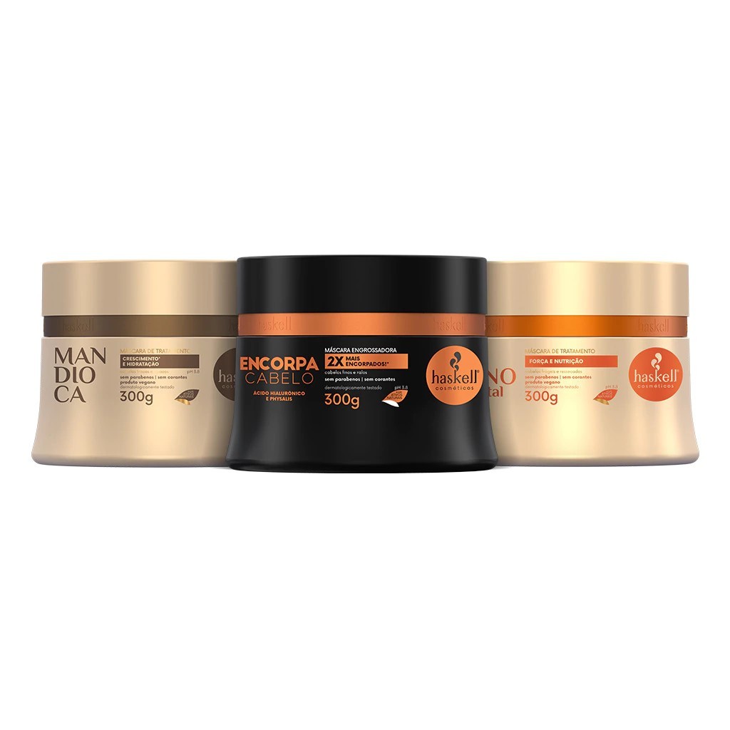 Kit Cronograma Capilar Haskell para Cabelos Finos e Ralos – Hidratação, Nutrição e Reconstrução | 3 Máscaras 300g em Oferta na Shopee