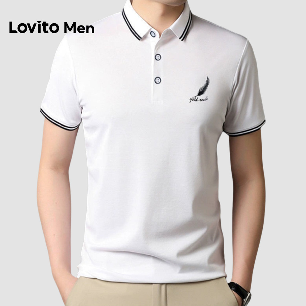 Lovito Men Camisa Polo Branca para Homens Na Primavera/verão com Contraste de Encadernação e Botões LNE127013 em Oferta na Shopee