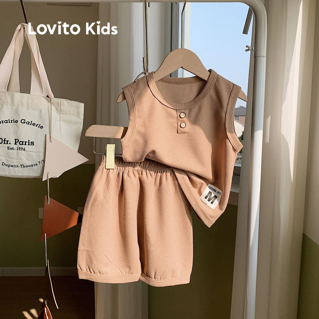 Lovito Kids Conjuntos de Shorts Casuais com Botão Primavera/verão Conjuntos de Shorts Cáqui para Meninos LNL128108