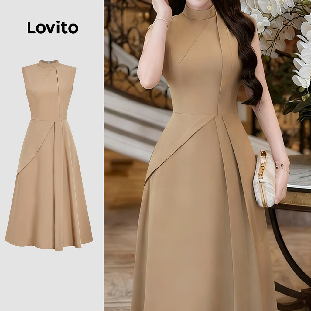 Lovito Vestido Elegante para Ir Ao Trabalho Assimétrico de Verão/outono Cáqui para mulheres L165ED1586 em Oferta na Shopee