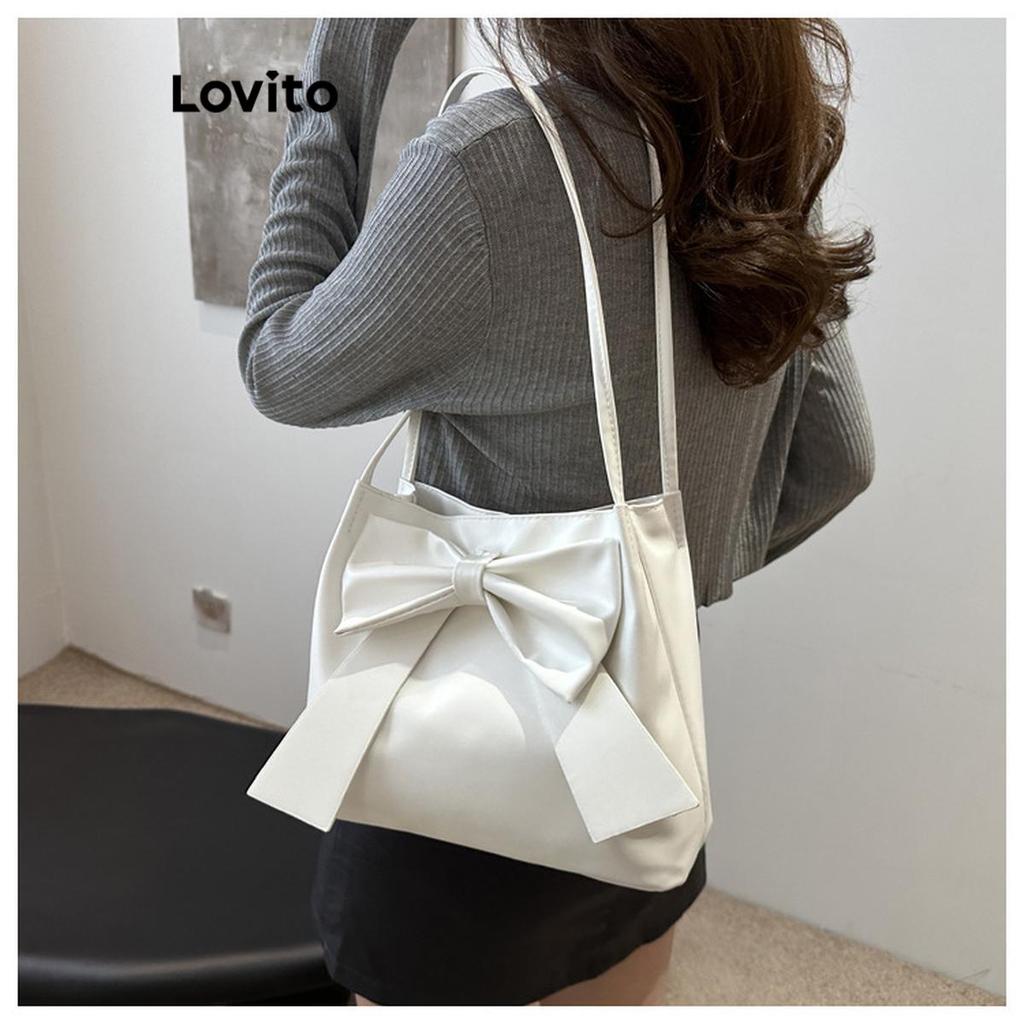 Detalhes do Lovito Bolsa De Ombro Casual Bolsa De Ombro Com Laço Liso Para Mulheres LFA41090