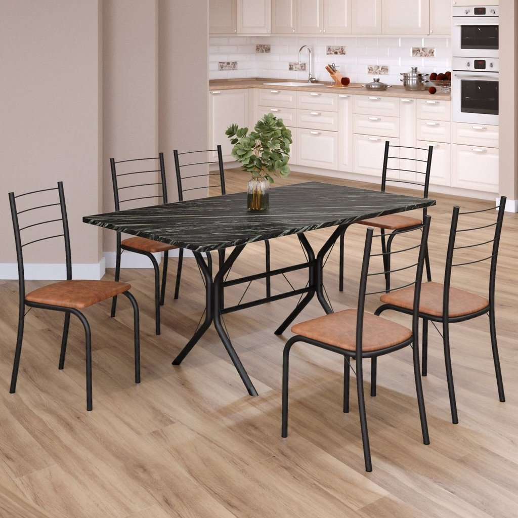 Conjunto Sala de Jantar Mesa Retangular 140x75cm Tampo Ardósia Indiana 6 Cadeiras Rio Marrom/Preto