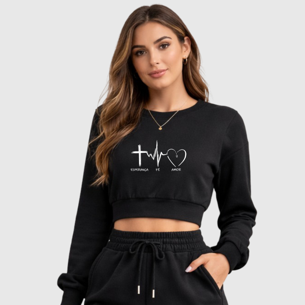Cropped Moletom Feminino Inverno Esperança Fé Amor Frases Blusa de Frio Frases Motivacionais